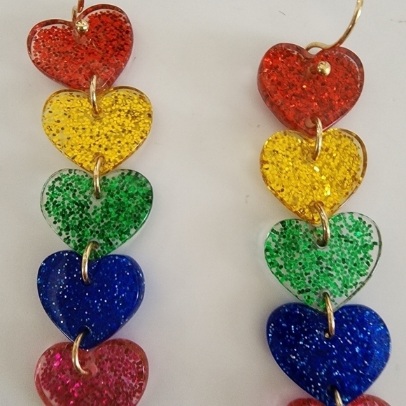 NEW Multi Glitter Resin Heart Dangle Earrings - Picture 4 of 6